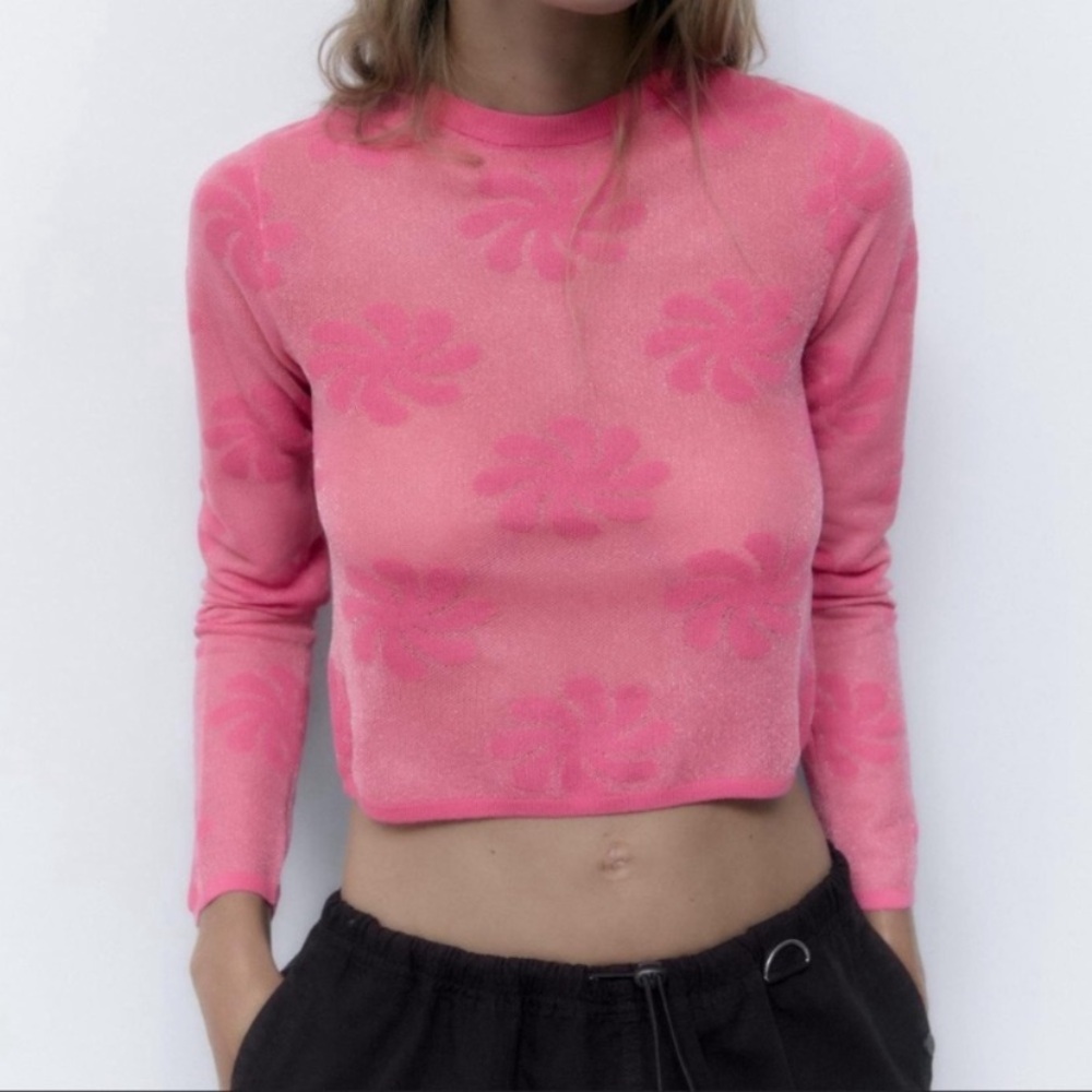 ZARA Floral Knit Semi Sheer
Sweater Women Color Pink
